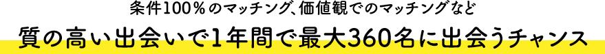 条件100%のマッチング、価値観でのマッチングなど質の高い出会いで1年間で最大360名に出会うチャンス