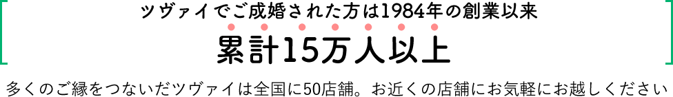 ツヴァイでご成婚された方は1984年の創業以来累計15万人以上 多くのご縁をつないだツヴァイは全国に51店舗。お近くの店舗にお気軽にお越しください