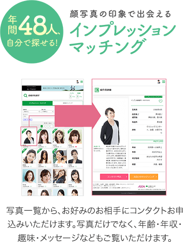 年間48人、自分で探せる！顔写真の印象で探せる！インプレッションマッチング。写真一覧から、お好みのお相手にコンタクトお申込みいただけます。写真だけでなく、年齢・年収・趣味・メッセージなどもご覧いただけます。
