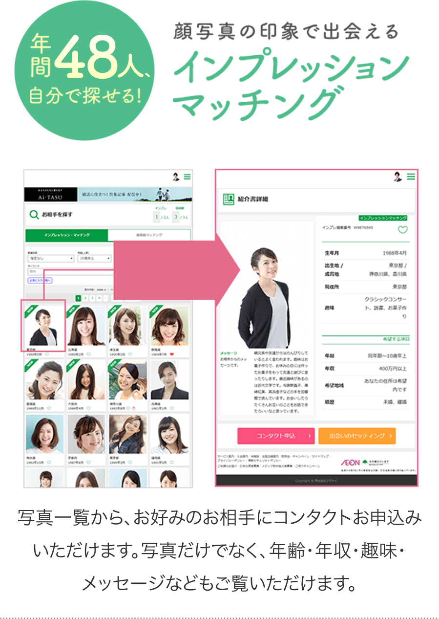 年間48人、自分で探せる！顔写真の印象で探せる！インプレッションマッチング。写真一覧から、お好みのお相手にコンタクトお申込みいただけます。写真だけでなく、年齢・年収・趣味・メッセージなどもご覧いただけます。