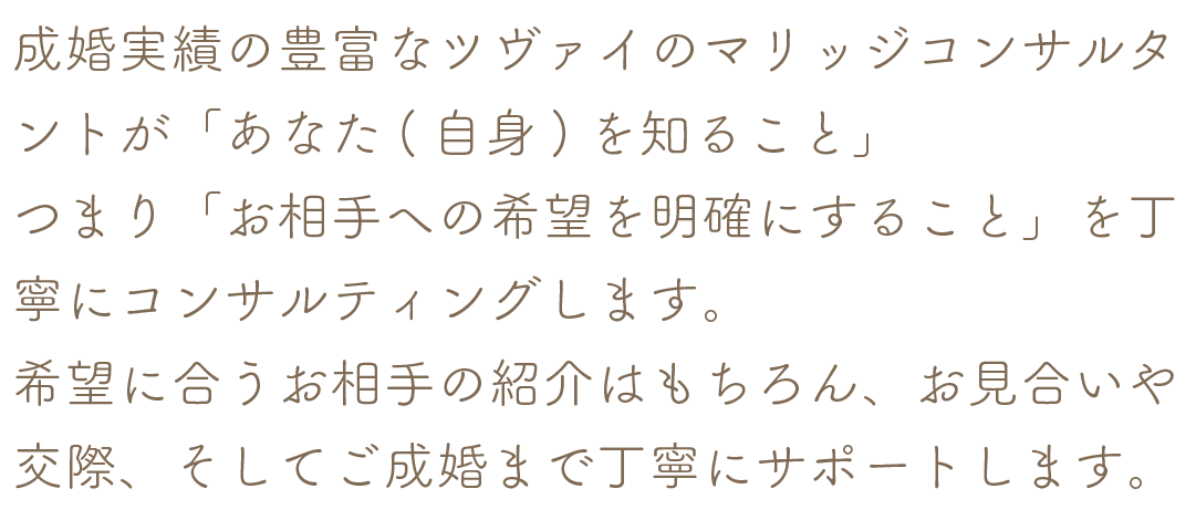 成婚実績の豊富なツヴァイのマリッジコンサルタントが「あなた(自身)を知ること」
つまり「お相手への希望を明確にすること」を丁寧にコンサルティングします。
希望に合うお相手の紹介はもちろん、お見合いや交際、そしてご成婚まで丁寧にサポートします。