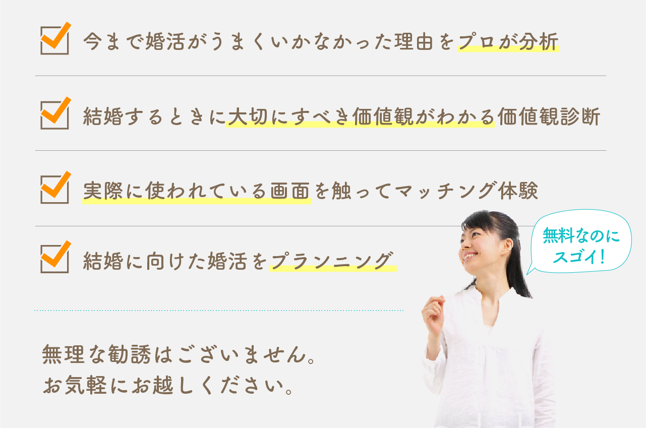 1今まで婚活がうまくいかなかった理由をプロが分析 2結婚するときに大切にすべき価値観がわかる価値観診断 3結婚に向けた婚活をプランニング 4,実際に使われている画面を触ってマッチング体験