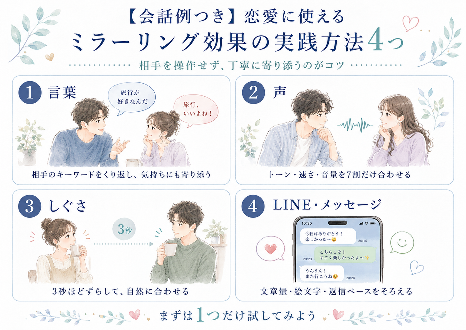【会話例つき】恋愛に使えるミラーリング効果の実践方法4つ