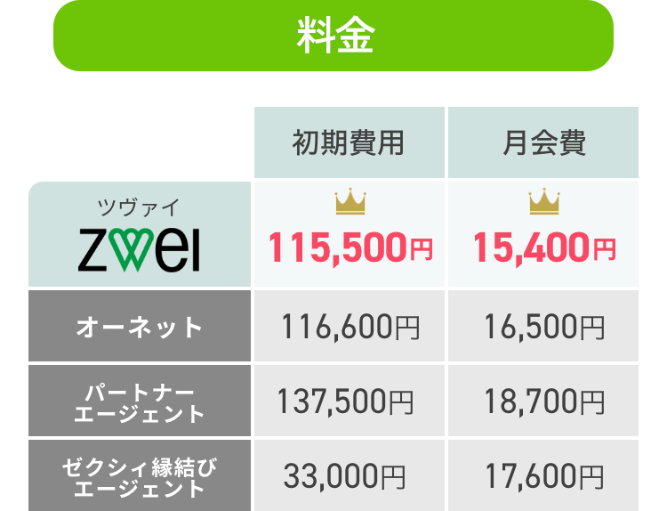 料金 ツヴァイ 初期費用115,500円 月会費15,400円