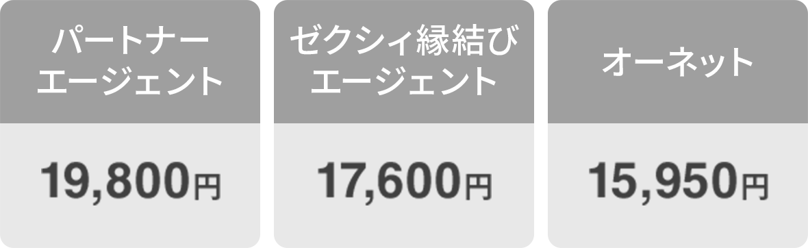パートナーエージェント19,800円/ゼクシィ縁結びエージェント17,600円/オーネット15,950円
