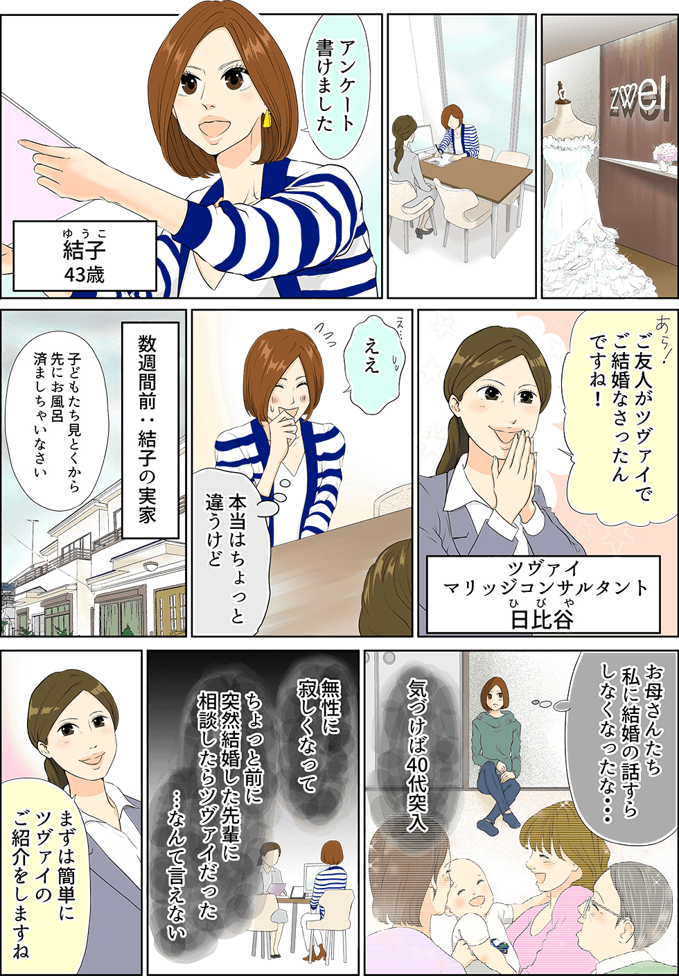 アンケート書けました　結子43歳　あら！ご友人がツヴァイでご結婚なさったんですね！　ツヴァイマリッジコンサルタント日比谷　ええ　本当はちょっと違うけど　数週間前：結子の実家　子どもたち見とくから先にお風呂済ましちゃいなさい　お母さんたち私に結婚の話すらしなくなったな・・・　気づけば40代突入　無性に寂しくなって　ちょっと前に突然結婚した先輩に相談したらツヴァイだった・・・なんて言えない　まずは簡単にツヴァイのご紹介をしますね