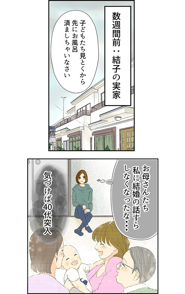 数週間前：結子の実家　子どもたち見とくから先にお風呂済ましちゃいなさい　お母さんたち私に結婚の話すらしなくなったな・・・　気づけば40代突入