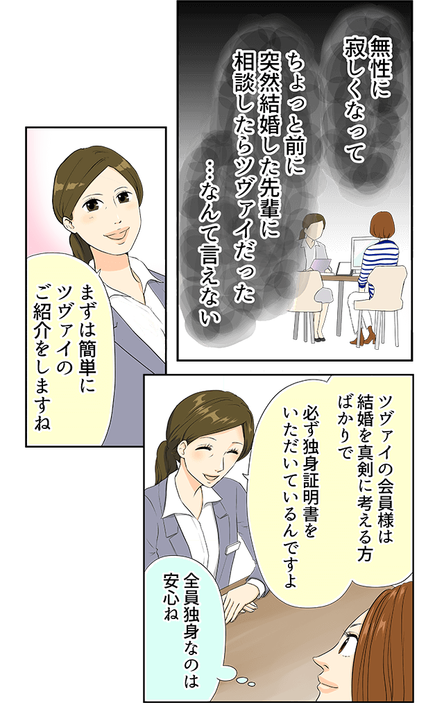 無性に寂しくなって　ちょっと前に突然結婚した先輩に相談したらツヴァイだった・・・なんて言えない　まずは簡単にツヴァイのご紹介をしますね　ツヴァイの会員様は結婚を真剣に考える方ばかりで必ず独身証明書をいただいているんですよ　全員独身なのは安心ね