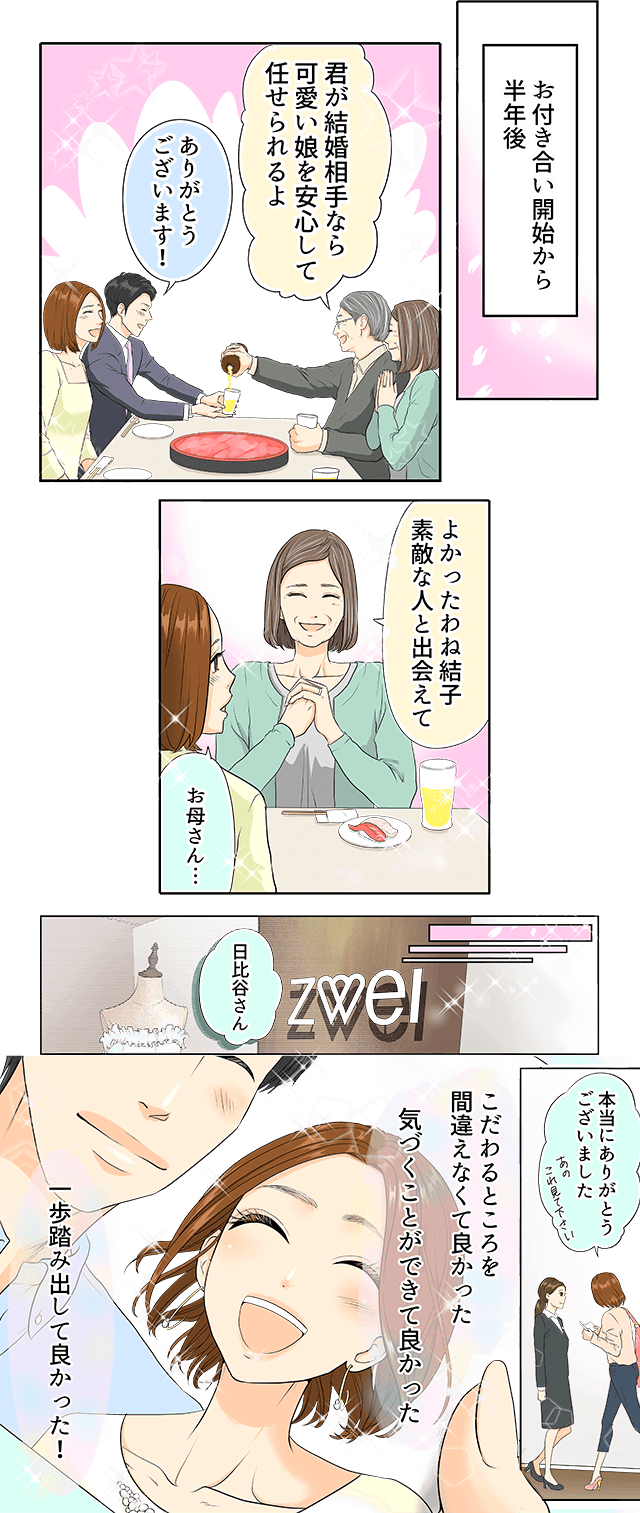 お付き合い開始から半年後　君が結婚相手なら可愛い娘を安心して任せられるよ　ありがとうございます！　よかったわね結子素敵な人と出会えて　お母さん・・・　日比谷さん　本当にありがとうございました　こだわるとこっろおを間違えなくて良かった　気づくことができて良かった　一歩踏み出して良かった！