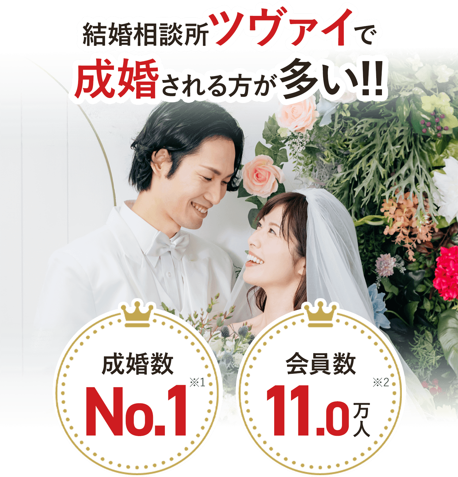 結婚相談所ツヴァイで成婚される方が多い！[1日平均成婚人数15人][累計11万人※1の成婚実績業界No.1※2]