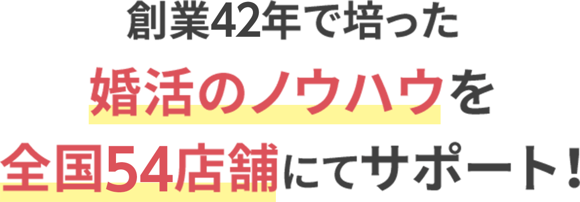 創業40年で培った婚活のノウハウを全国54店舗にてサポート！
